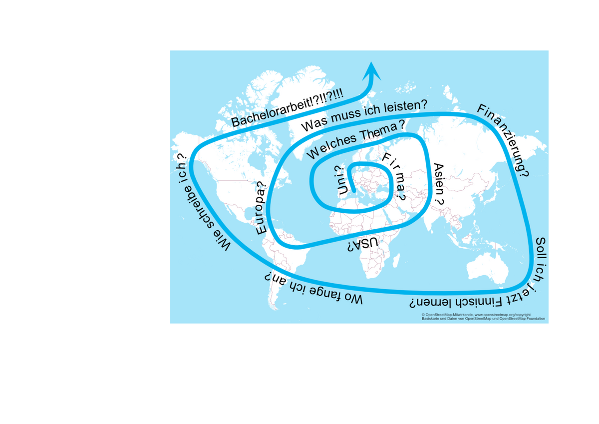 Graphik: Weltkarte mit gekringeltem Pfeil, der Entscheidungsprozess symbolisiert